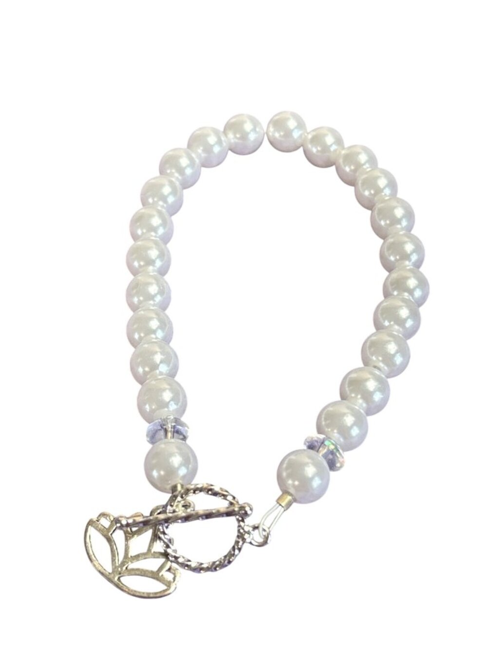 White Plastic Faux Pearl Beaded Bracelet Silvertone Lotus Flower Charm Toggle